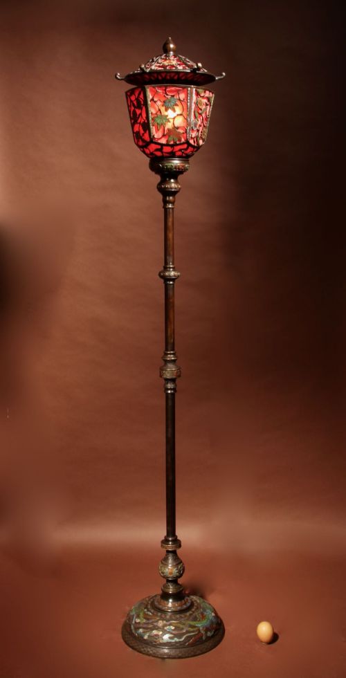 An Unusual Complete Japanese Bronze Champlevé Lantern Standard Lamp.