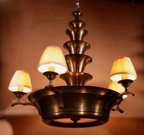 Amsterdam School Bronze Very Stylish Five Light Hanging Light.