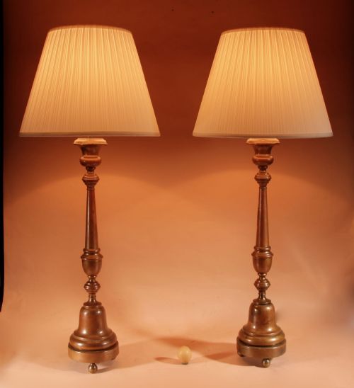  A Large Impressive Pair of Original Patinated Brass Table Lamps.