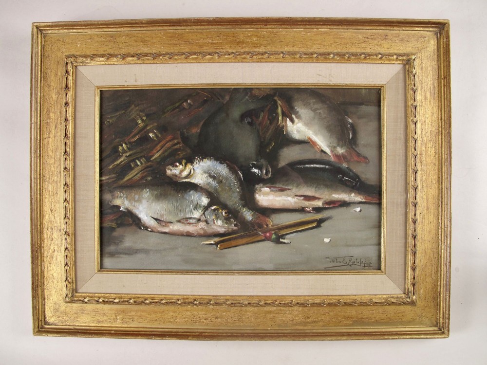 An antique framed crayon artwork depicting several coarse fish and an angling float on a grey surface, framed in a gilded wooden frame with a fabric liner.