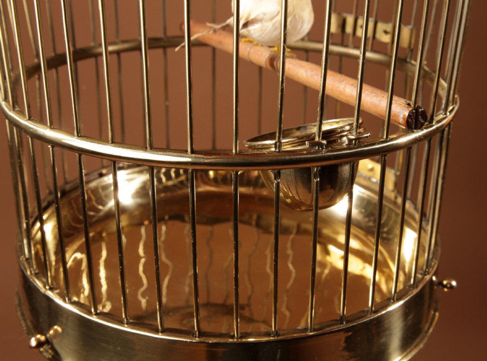 A polished round brass bird cage featuring a domed top, a dark turned wooden finial, and an interior perch with artificial birds. View VII
