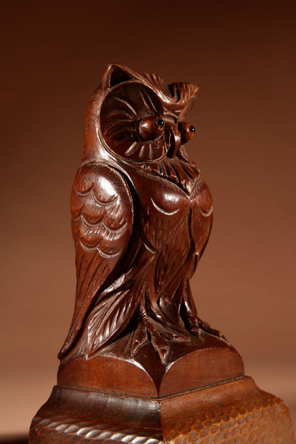 A pair of hand-carved dark wood owl figures with glass eyes mounted on carved wooden bases. View X
