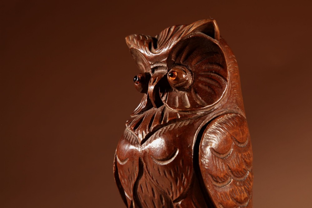 A pair of hand-carved dark wood owl figures with glass eyes mounted on carved wooden bases. View XV