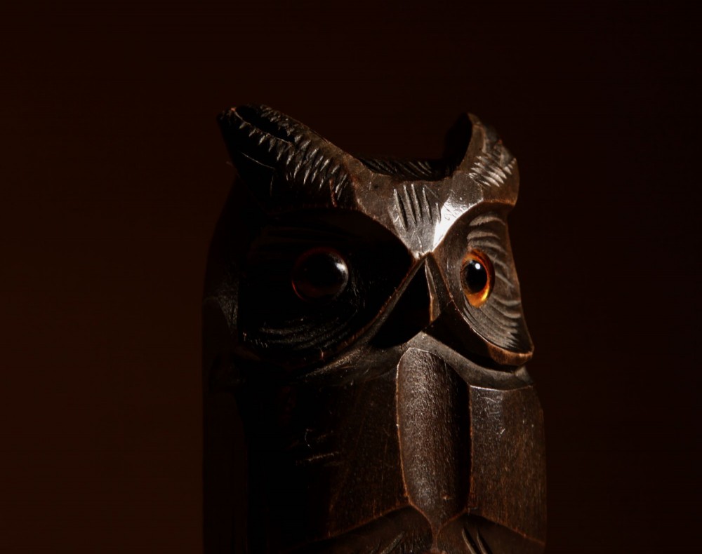 A pair of hand-carved dark wood owl bookends with inset glass eyes, standing on rectangular wooden bases. View VIII