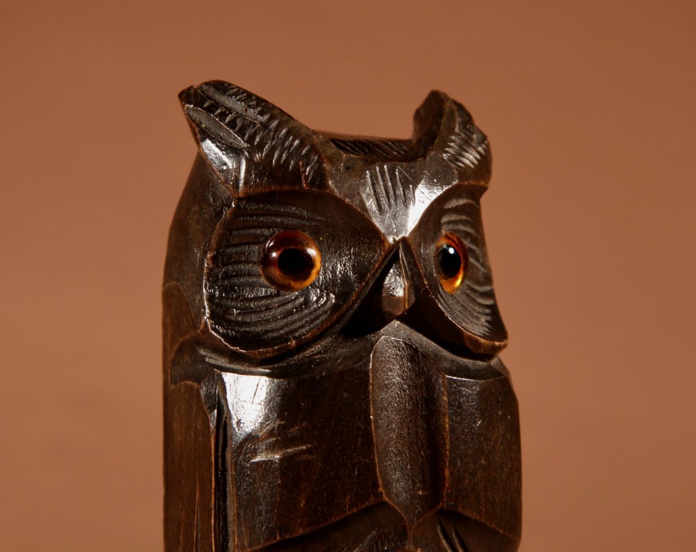 A pair of hand-carved dark wood owl bookends with inset glass eyes, standing on rectangular wooden bases. View IX