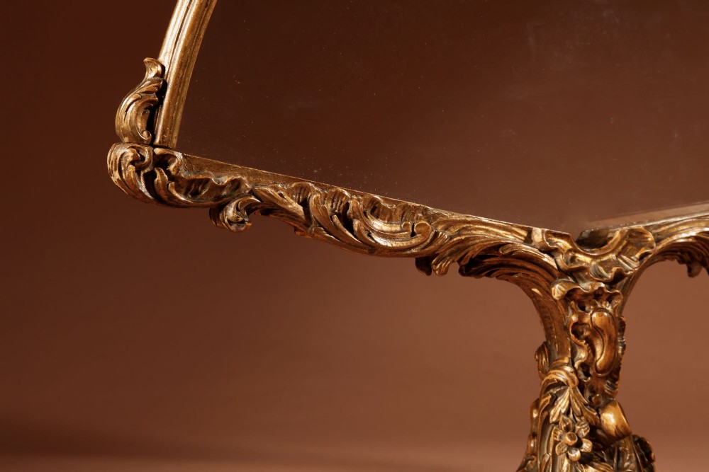 A fan-shaped glazed display case on an ornate Rococo style gilt metal pedestal base decorated with acanthus leaf scrollwork. View III