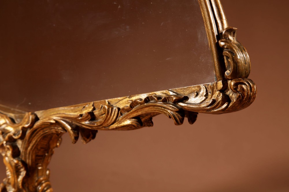 A fan-shaped glazed display case on an ornate Rococo style gilt metal pedestal base decorated with acanthus leaf scrollwork. View VI