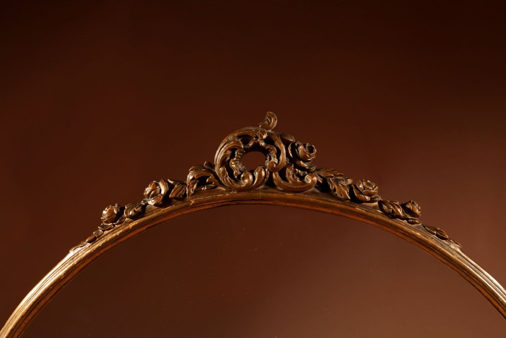 A fan-shaped glazed display case on an ornate Rococo style gilt metal pedestal base decorated with acanthus leaf scrollwork. View X