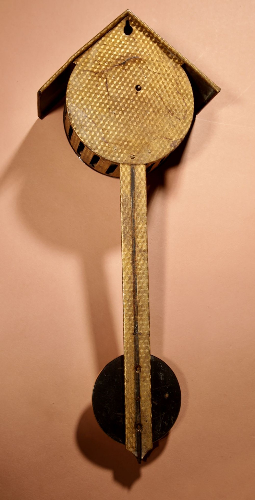 An antique late nineteenth-century brass wall-mounted Klinkerfues patent hair hygrometer weather station featuring two circular dials and a central thermometer tube. View X