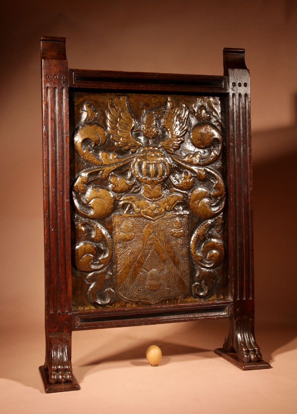 Dutch Interesting Family Hubrecht Coat Of Arms Embossed And Chased Brass And Oak Fire Screen