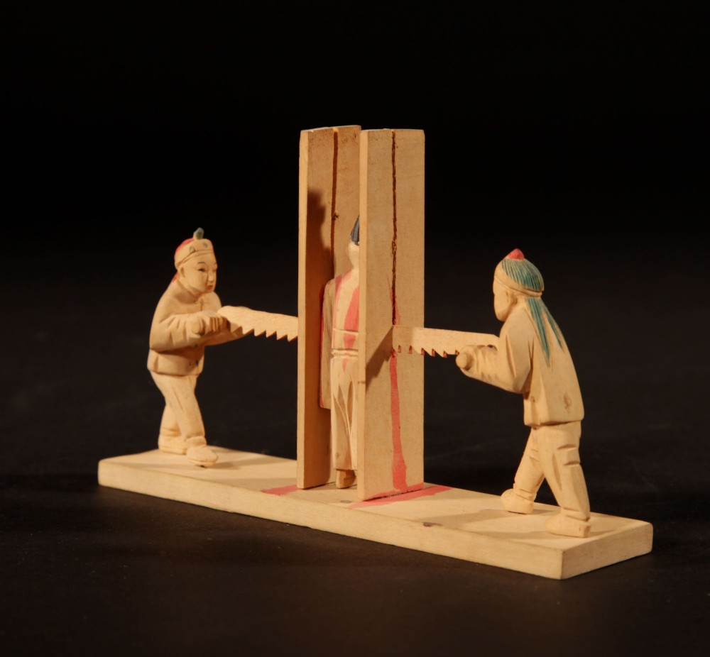 A collection of nine hand-carved light wood miniatures depicting various traditional Chinese daily life trades, vehicles, and activities. View XI
