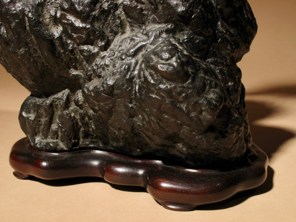 A patinated bronze sculpture depicting a hawk with detailed feather chasing perched atop a textured rocky outcrop, mounted on a carved wooden base. View IX