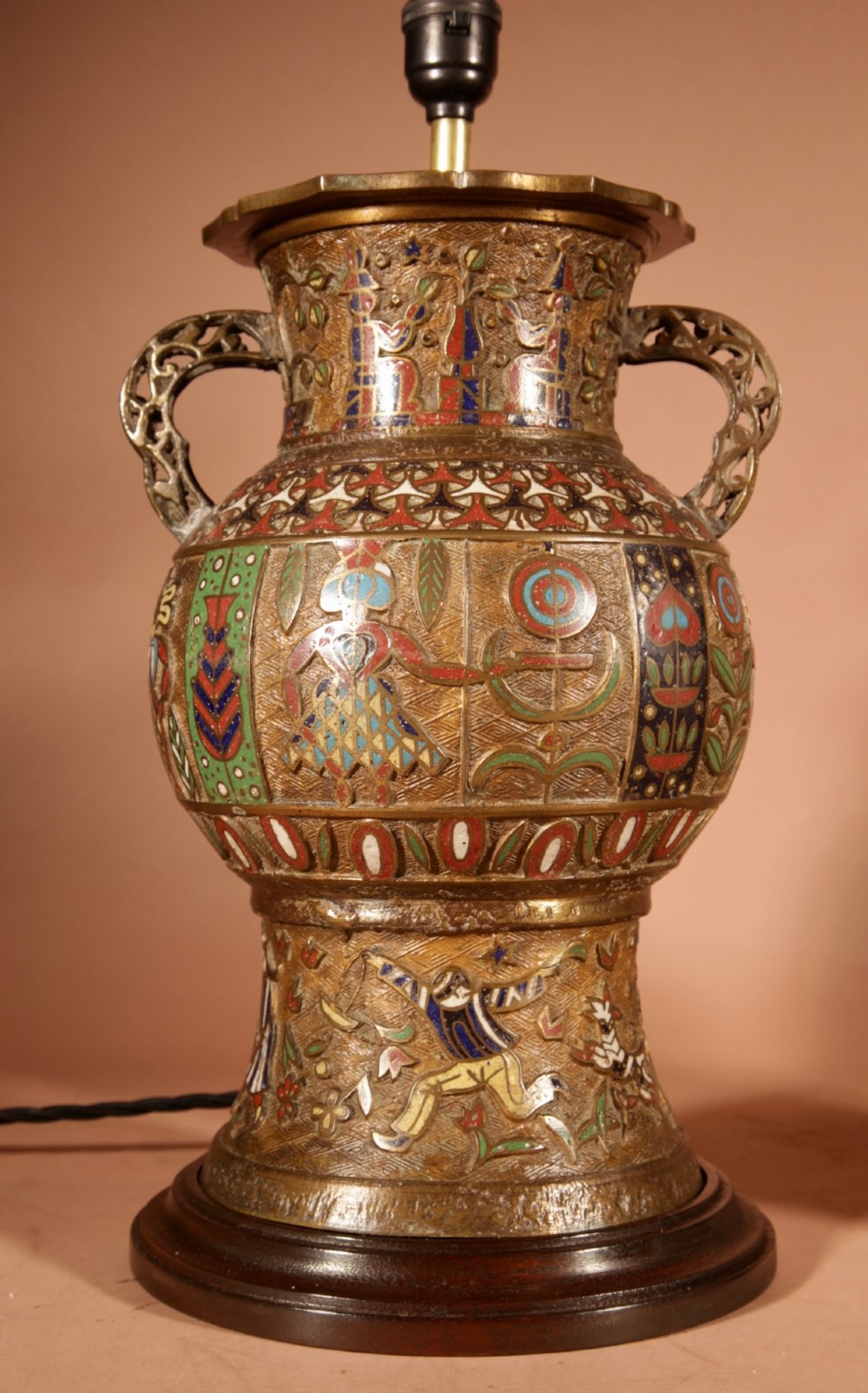 A pair of large Japanese champleve enamel bronze vase-form table lamps with twin handles and off-white pleated shades. View III