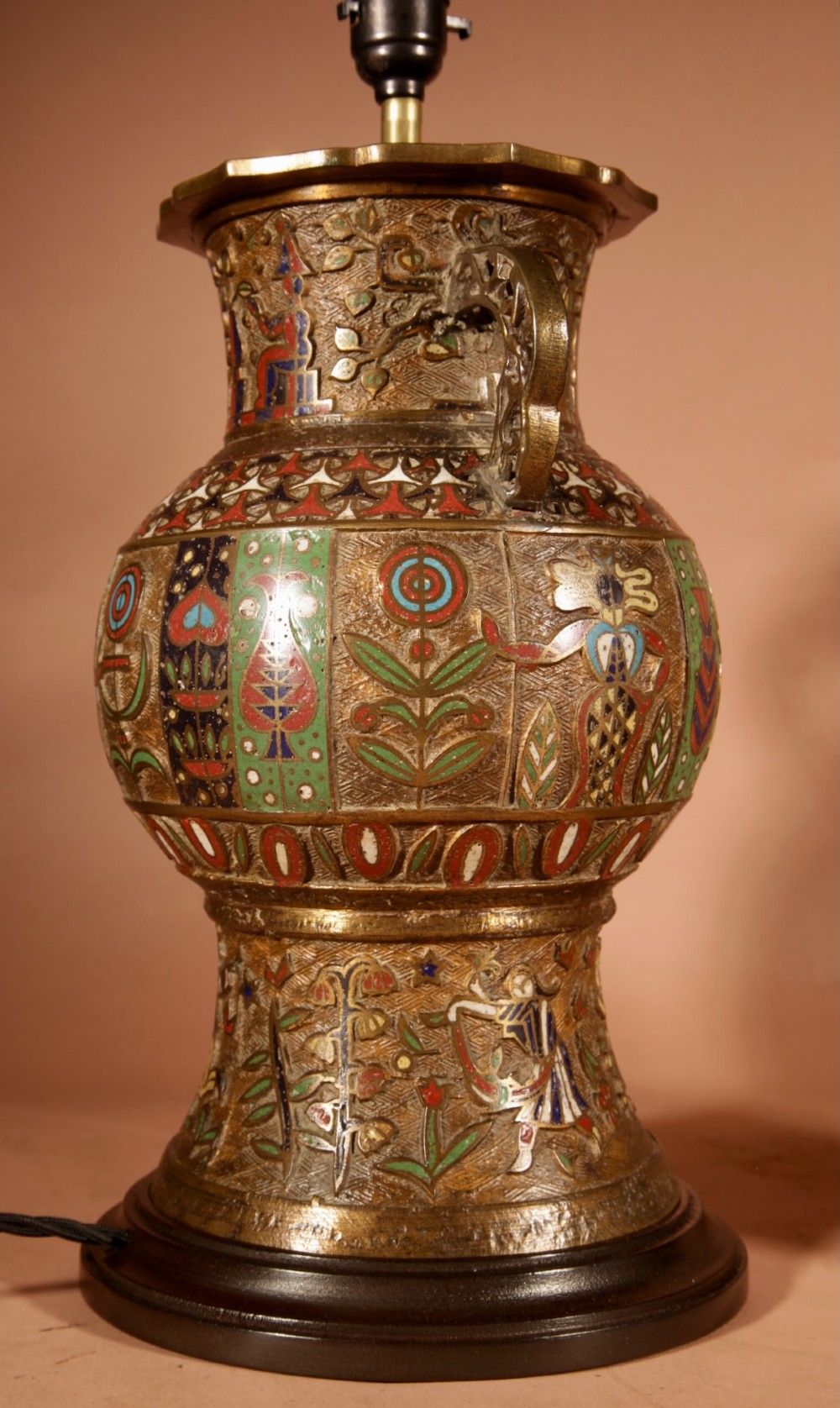 A pair of large Japanese champleve enamel bronze vase-form table lamps with twin handles and off-white pleated shades. View V