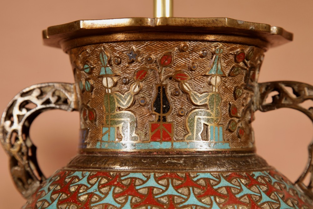 A pair of large Japanese champleve enamel bronze vase-form table lamps with twin handles and off-white pleated shades. View X