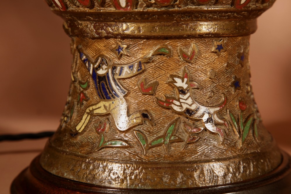 A pair of large Japanese champleve enamel bronze vase-form table lamps with twin handles and off-white pleated shades. View XI