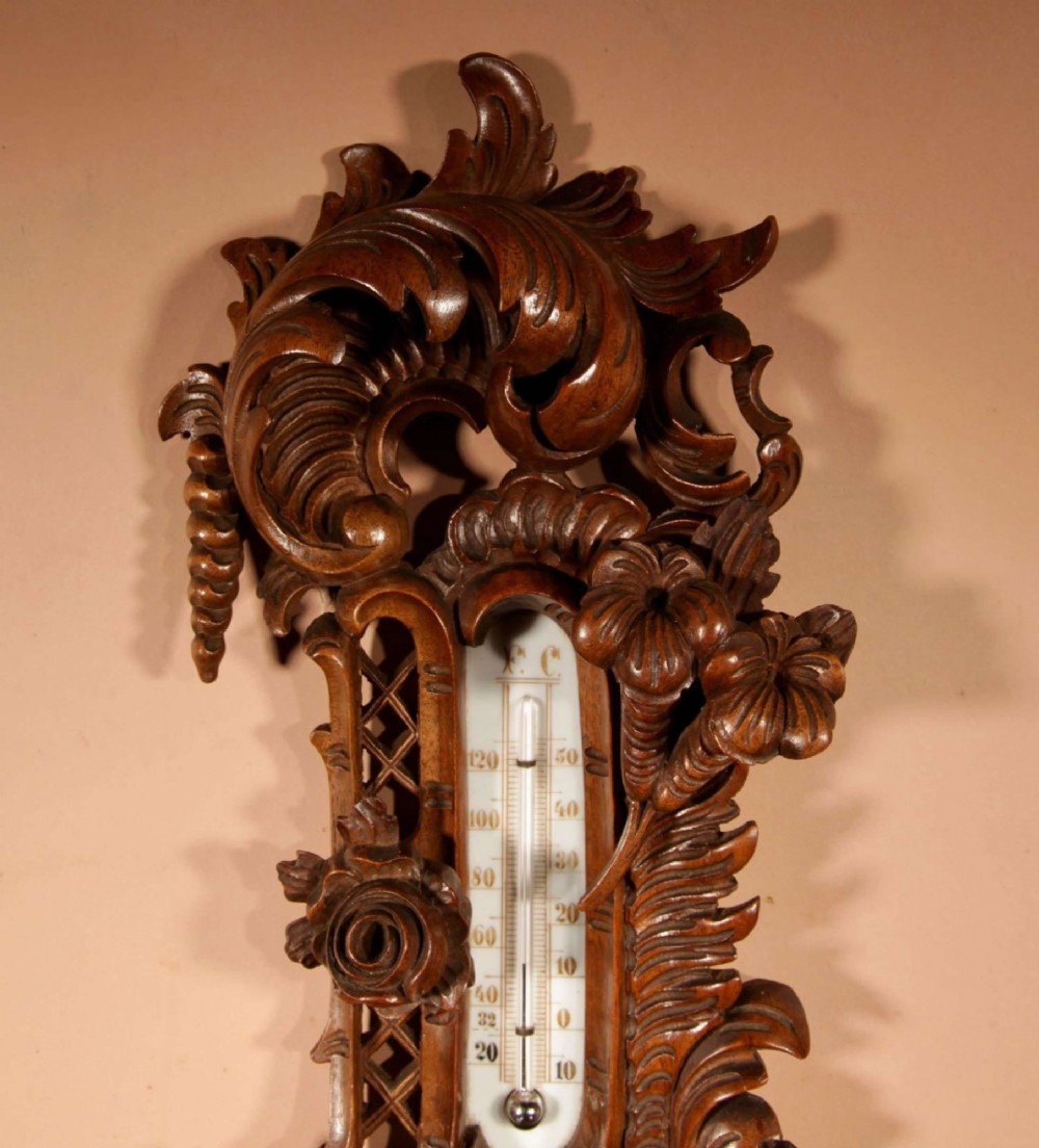 Black Forest Walnut Rocaile Very Fine Carved Aneroid Barometer circa 1890. View II