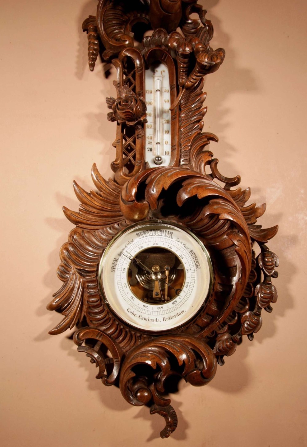 Black Forest Walnut Rocaile Very Fine Carved Aneroid Barometer circa 1890. View III
