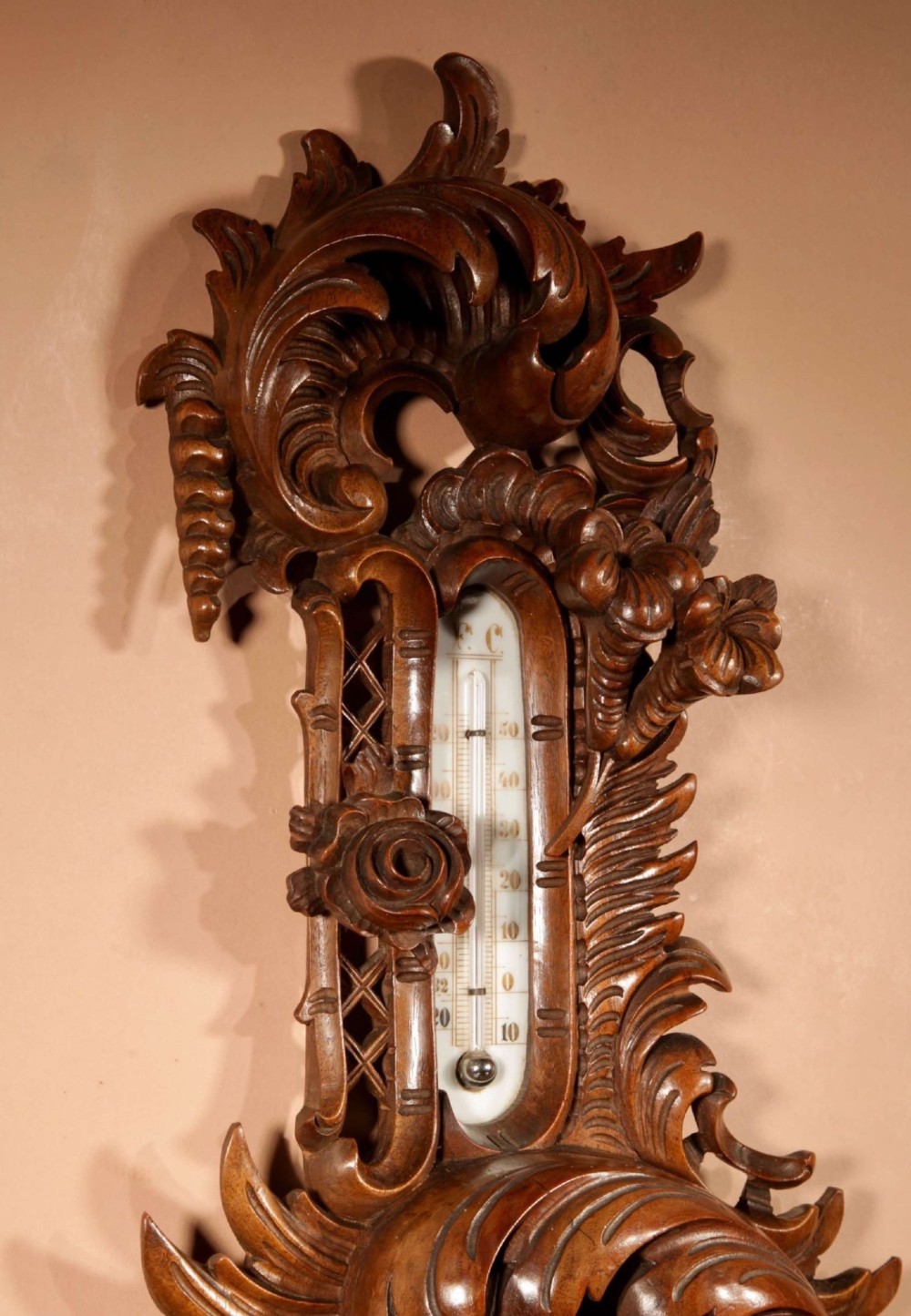 Black Forest Walnut Rocaile Very Fine Carved Aneroid Barometer circa 1890. View IV