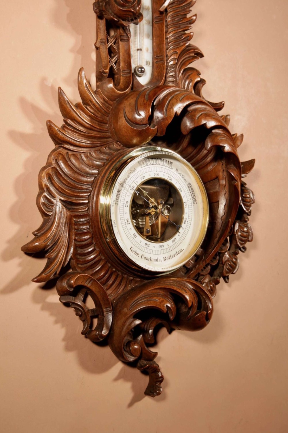 Black Forest Walnut Rocaile Very Fine Carved Aneroid Barometer circa 1890. View V
