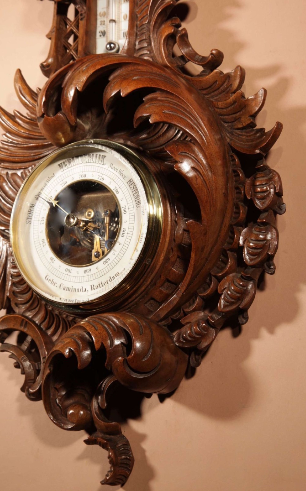 Black Forest Walnut Rocaile Very Fine Carved Aneroid Barometer circa 1890. View VI