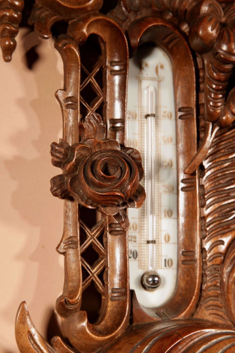 Black Forest Walnut Rocaile Very Fine Carved Aneroid Barometer circa 1890. View VII