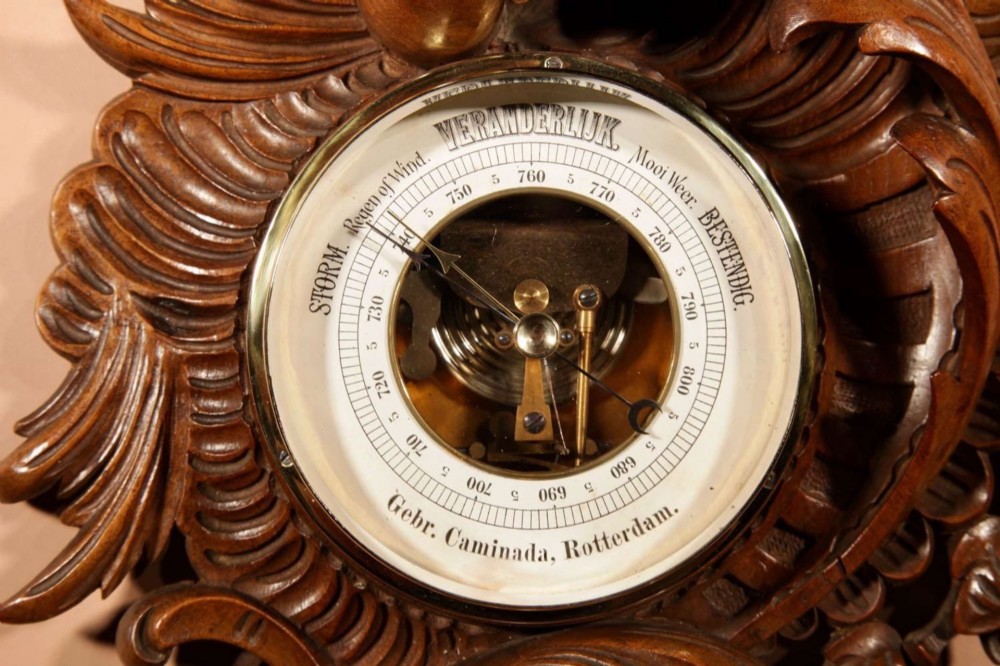 Black Forest Walnut Rocaile Very Fine Carved Aneroid Barometer circa 1890. View VIII