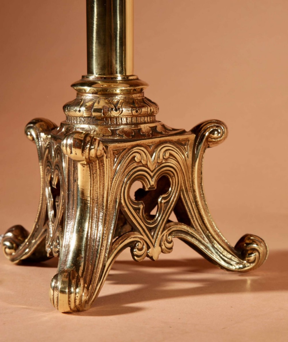 A pair of cast brass table lamps featuring Gothic Revival columnar shafts and pleated neutral shades. View III