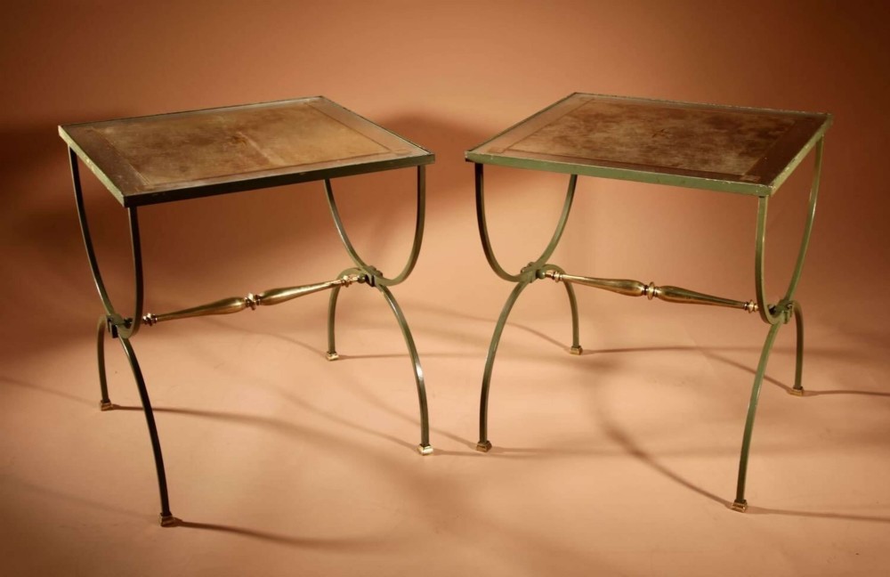 A four-part French Art Deco coffee table constructed from green wrought iron and brass with mirrored glass inserts featuring star motifs. View IX