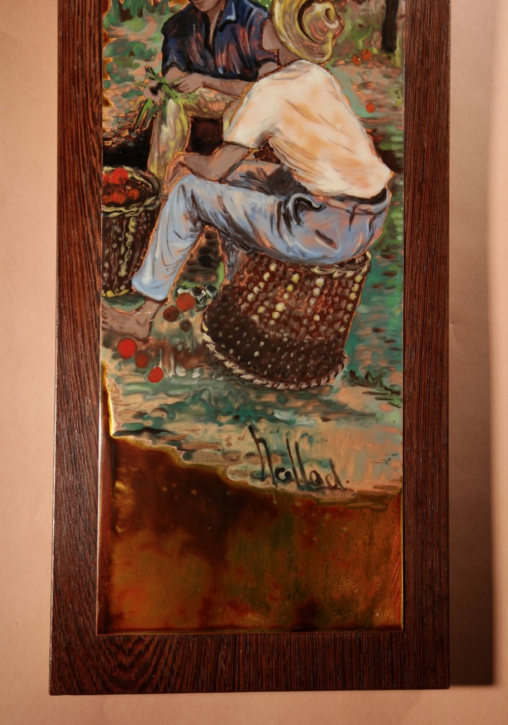 A vertical rectangular framed enamel on copper painting depicting three figures harvesting fruit in an orchard setting. View II