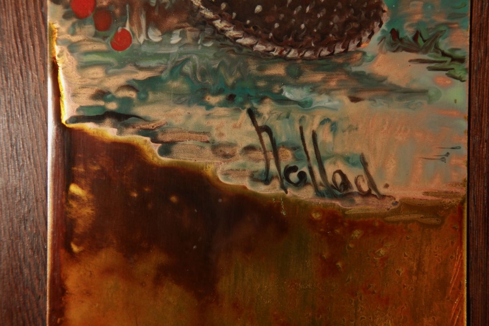 A vertical rectangular framed enamel on copper painting depicting three figures harvesting fruit in an orchard setting. View III