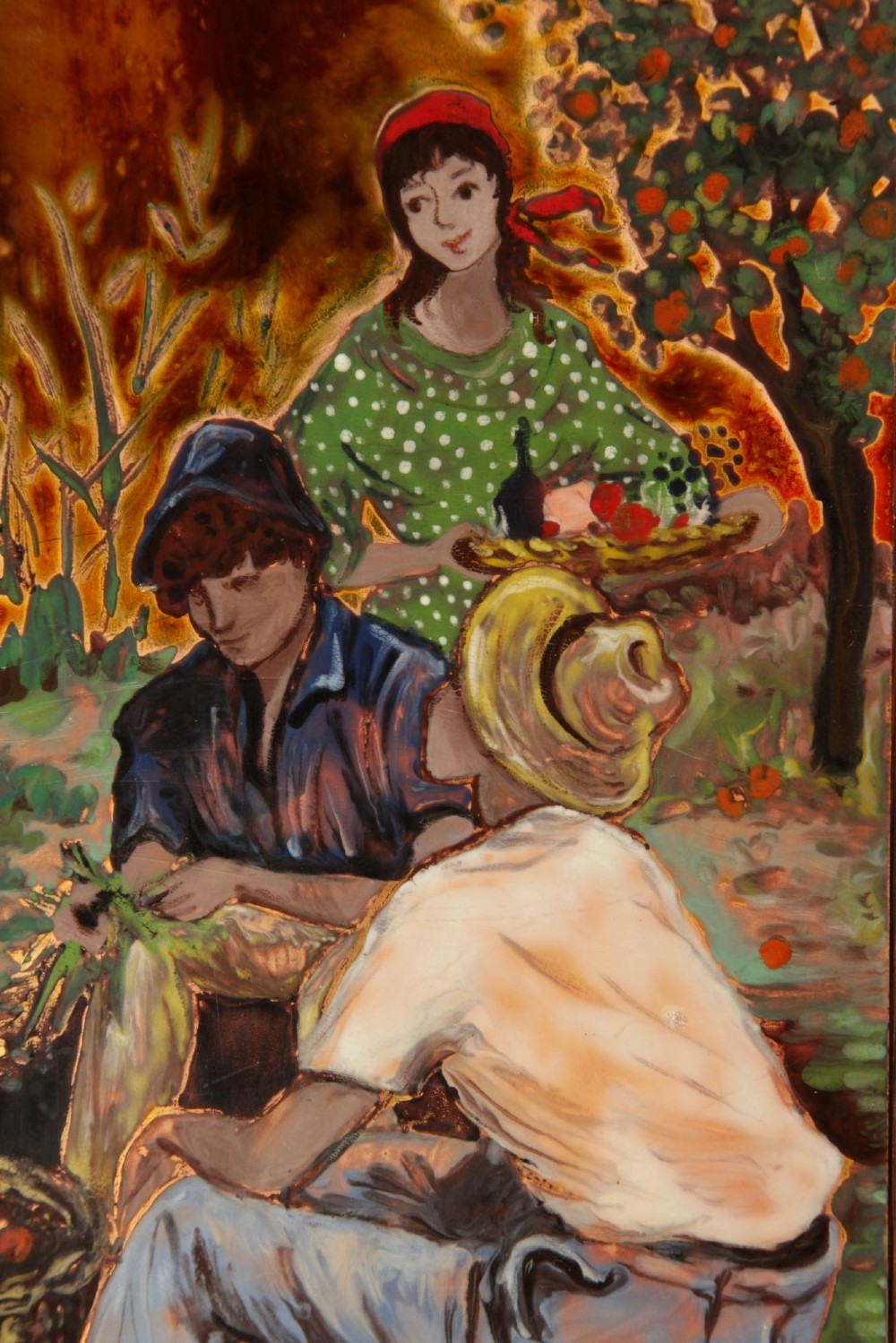 A vertical rectangular framed enamel on copper painting depicting three figures harvesting fruit in an orchard setting. View IV