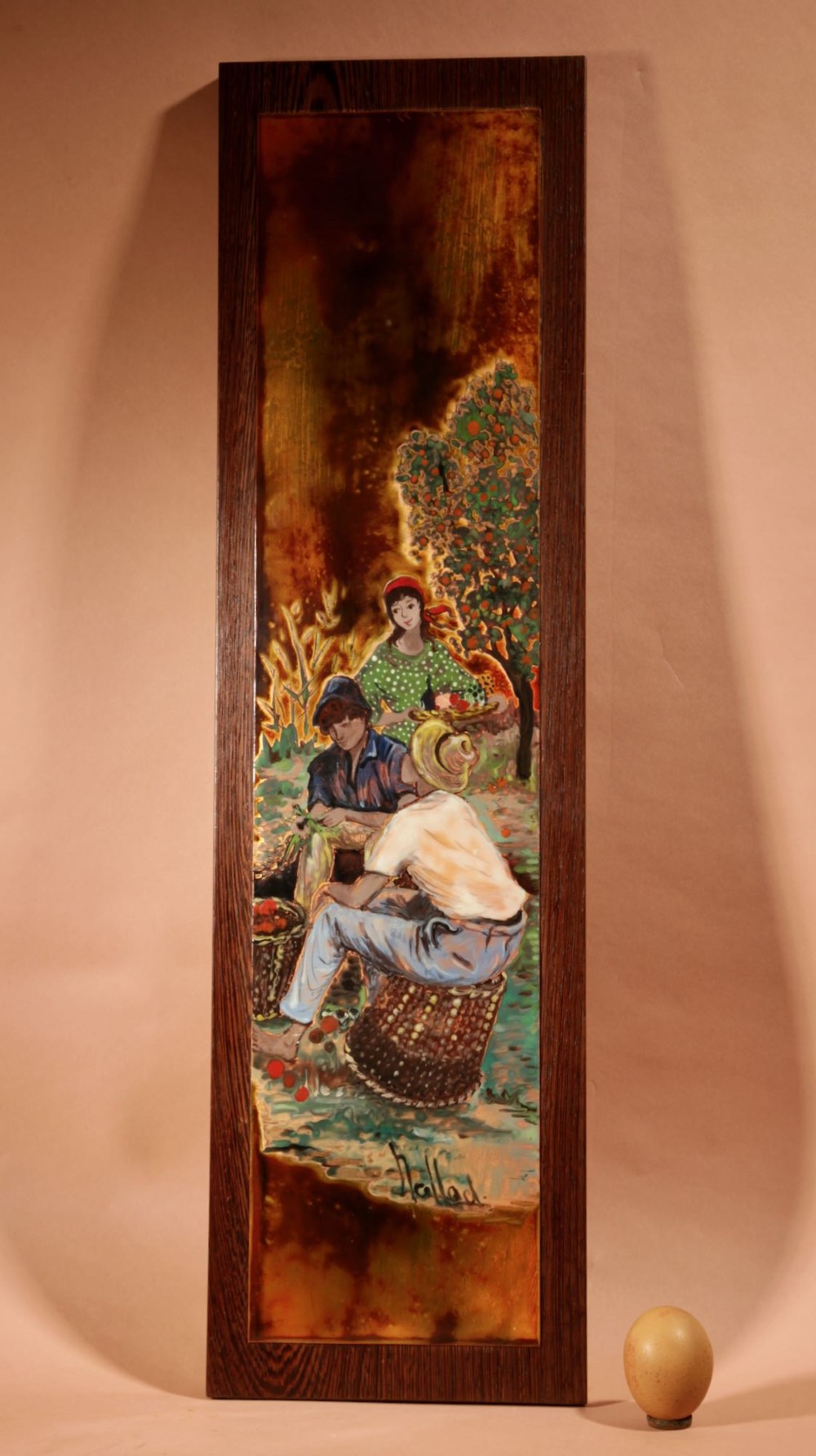 A vertical rectangular framed enamel on copper painting depicting three figures harvesting fruit in an orchard setting. View VIII
