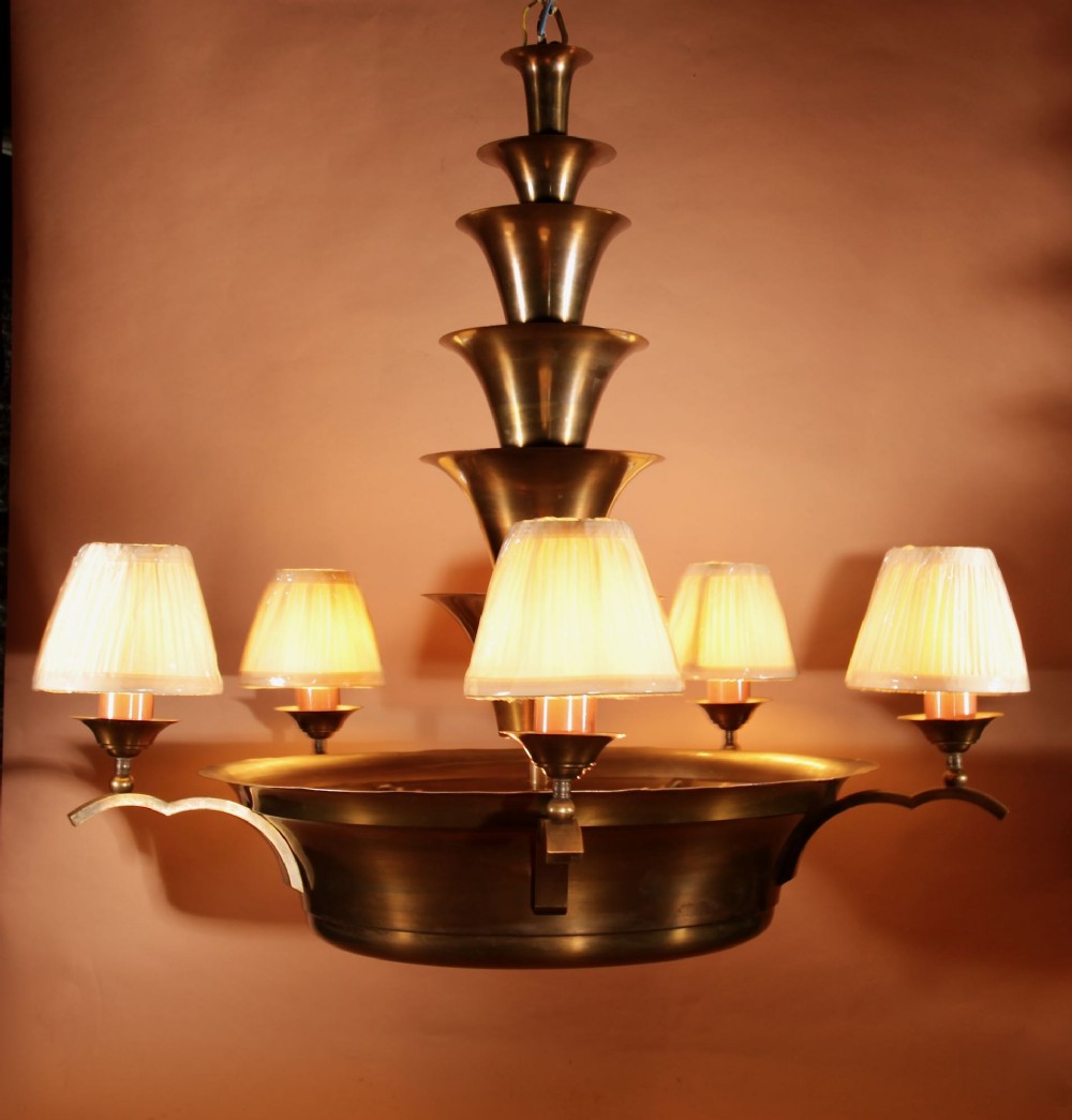 An Amsterdam School bronze five-light chandelier featuring a tiered central column and small pleated lampshades. View III