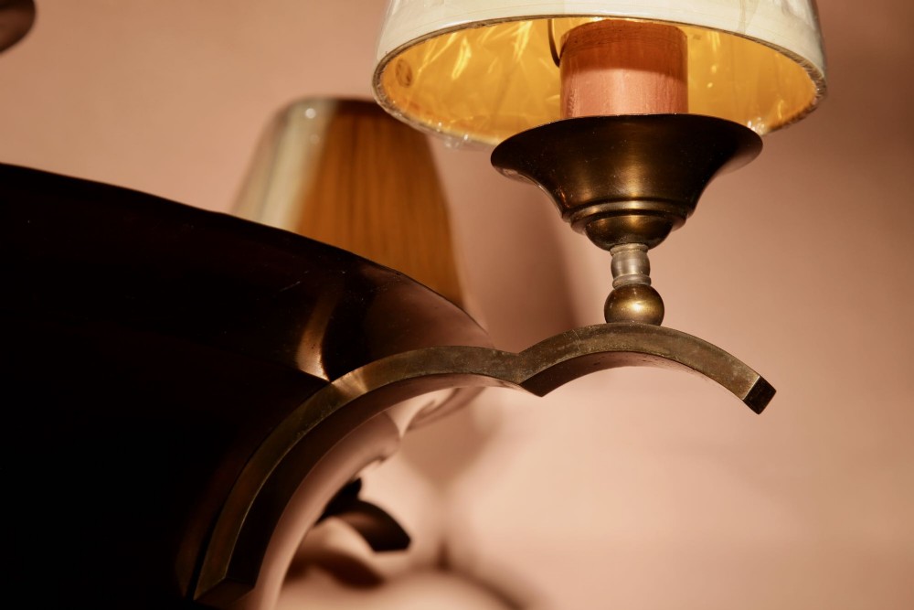 An Amsterdam School bronze five-light chandelier featuring a tiered central column and small pleated lampshades. View XIII