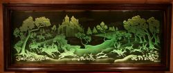 FALCONRY AND HUNTING INTEREST MAGNIFICENT ART DECO ILLUMINATED ETCHED AND ENGRAVED VERY LARGE GLASS WALL DECORATION