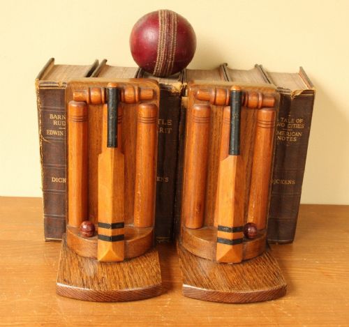 Pair of Oak Handmade Thornton-smith Company Cricket Bat & Ball Bookends. C1930's
