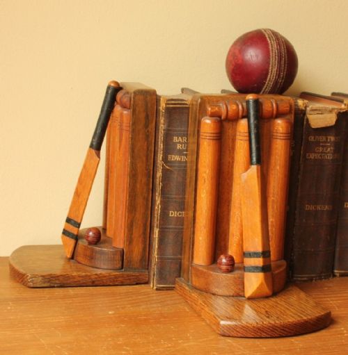 fig 1. Pair Of Oak Handmade Thornton-Smith Company Cricket Bat & Ball Bookends. c1930's