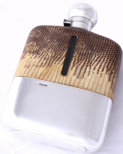 Silver Snakeskin Leather Spirit Hip Flask with Cup. James Dixon 1929