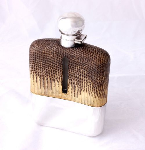 fig 1. Silver Snakeskin Leather Spirit Hip Flask With Cup. James Dixon 1929