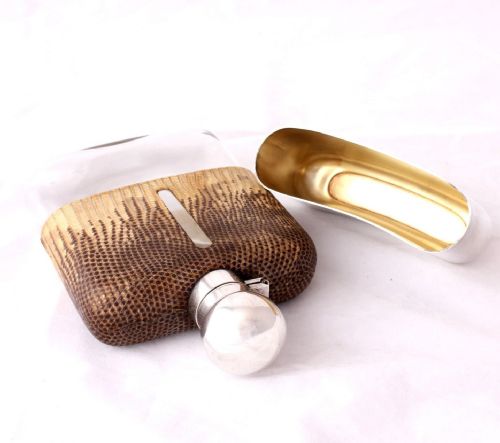 fig 2. Silver Snakeskin Leather Spirit Hip Flask With Cup. James Dixon 1929