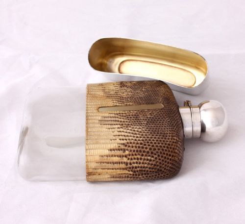 fig 3. Silver Snakeskin Leather Spirit Hip Flask With Cup. James Dixon 1929