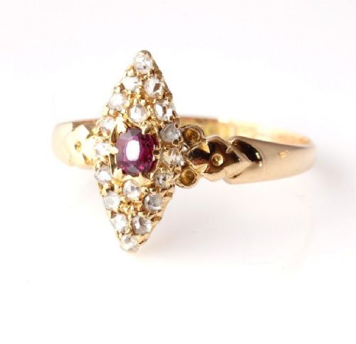 Edwardian 18ct Gold Ruby & Natural Diamond Marquise Ring. 1902. Size Q.