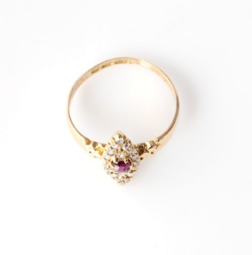 fig 1. Edwardian 18ct Gold Ruby & Natural Diamond Marquise Ring. 1902. Size Q.