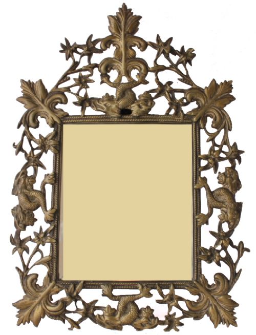 French Baroque Brass Wall Dressing Table Easel Back Mirror Decorated with Dolphins.