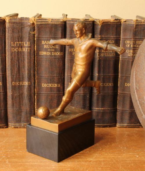 Bronze Footballer Statue E Fraisse. Figure of Soccer Player & Football