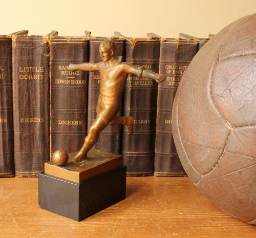 fig 1. Bronze Footballer Statue E Fraisse. Figure of Soccer Player & Football