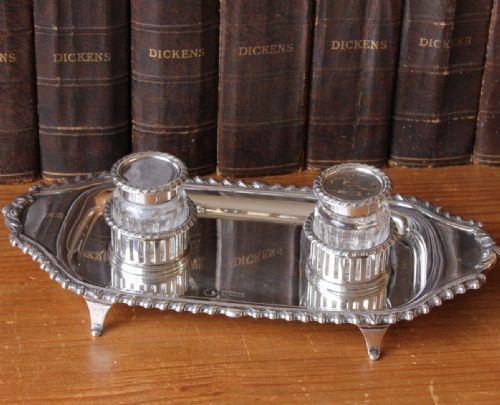 Edwardian Silver & Cut Glass Double Inkwell Desk Pen Stand. Hallmarked William Hutton 1907