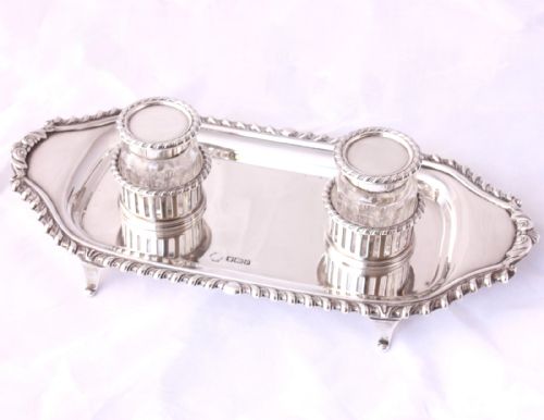 fig 1. Edwardian Silver & Cut Glass Double Inkwell Desk Pen Stand. Hallmarked William Hutton 1907