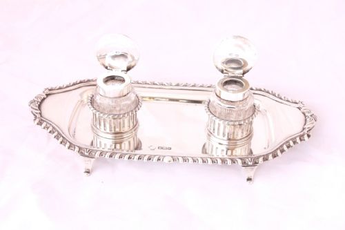 fig 2. Edwardian Silver & Cut Glass Double Inkwell Desk Pen Stand. Hallmarked William Hutton 1907